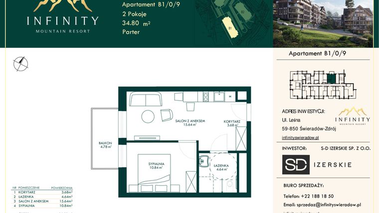Rzut - Mieszkanie na sprzedaż 2 pokoje o powierzchni 34,8 m² - numer B1/0/9 w Infinity Mountain Resort etap 2