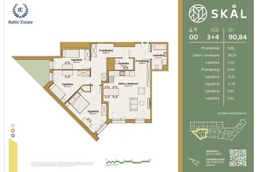 Rzut - Mieszkanie na sprzedaż 1 pokój o powierzchni 90,84 m² - numer M.3+4 w Skal