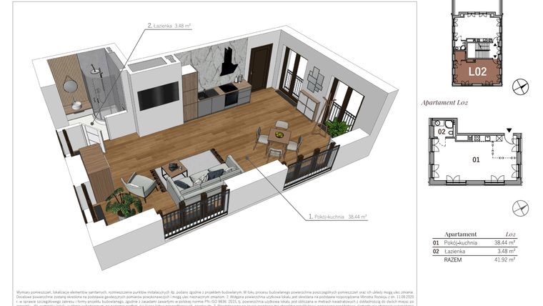 Rzut - Mieszkanie na sprzedaż 1 pokój o powierzchni 41,92 m² - numer L02 w Przy Parku etap II