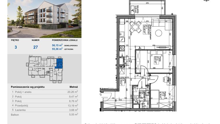 Rzut - Mieszkanie na sprzedaż 3 pokoje o powierzchni 55,36 m² - numer 27 w Balantia