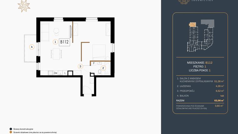 Rzut - Mieszkanie na sprzedaż 1 pokój o powierzchni 62,06 m² - numer B.112 w Rezydencja Śródmiejska