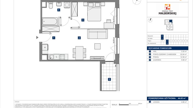 Rzut - Mieszkanie na sprzedaż 2 pokoje o powierzchni 44,65 m² - numer B.18 w Osiedle przy Malborskiej II