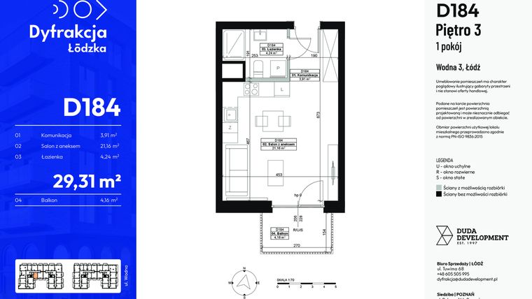 Rzut - Mieszkanie na sprzedaż 1 pokój o powierzchni 29,31 m² - numer D184 w Dyfrakcja Łódzka - bud. CD