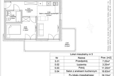 Rzut - Mieszkanie na sprzedaż 2 pokoje o powierzchni 38,33 m² - numer 5 w Apartamenty Jasińskiego