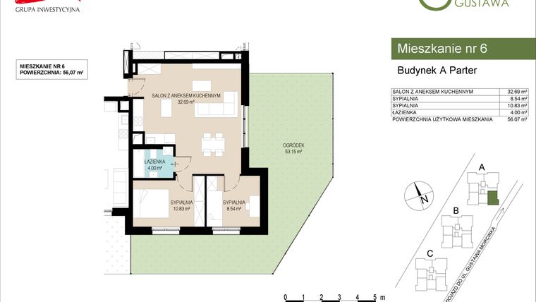 Rzut - Mieszkanie na sprzedaż 3 pokoje o powierzchni 56,07 m² - numer A6 w Wzgórze Gustawa