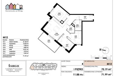 Rzut - Mieszkanie na sprzedaż 4 pokoje o powierzchni 71,99 m² - numer M12 w Kamieniczki za Strugą
