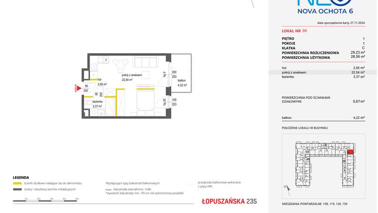 Rzut - Mieszkanie na sprzedaż 1 pokój o powierzchni 29,26 m² - numer 99 w Neo Nova Ochota 6