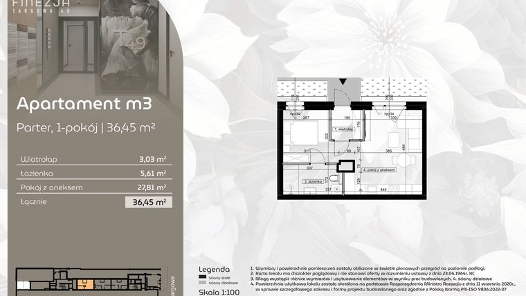 Rzut - Mieszkanie na sprzedaż 1 pokój o powierzchni 36,45 m² - numer M3 w Finezja Targowa 49