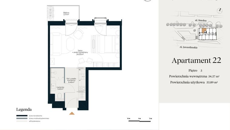 Rzut - Mieszkanie na sprzedaż 1 pokój o powierzchni 34,37 m² - numer U.4.22 w Smolna 23