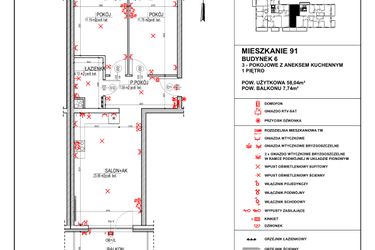 Rzut - Mieszkanie na sprzedaż 3 pokoje o powierzchni 58,04 m² - numer 6.91 w Osiedle 4 Pory Roku - Etap VII