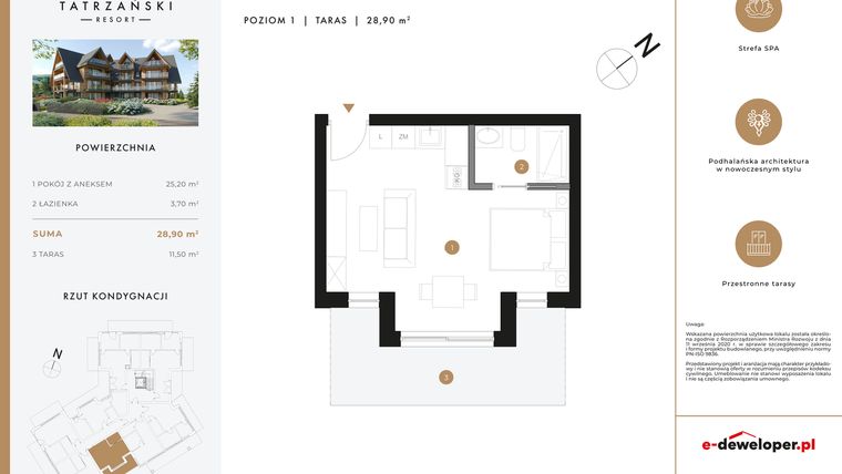 Rzut - Mieszkanie na sprzedaż 1 pokój o powierzchni 28,9 m² - numer A13 w Tatrzański Resort