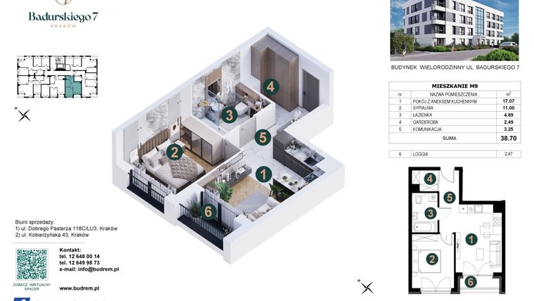 Rzut - Mieszkanie na sprzedaż 2 pokoje o powierzchni 38,7 m² - numer 9 w Badurskiego 7