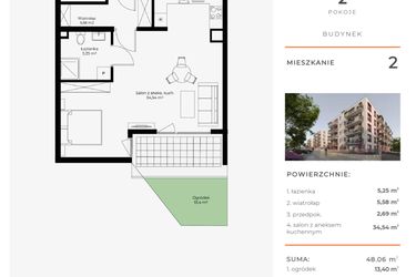 Rzut - Mieszkanie na sprzedaż 1 pokój o powierzchni 48,06 m² - numer 2 w Mikusińskiego 25