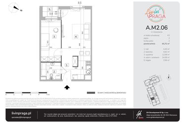 Rzut - Mieszkanie na sprzedaż 2 pokoje o powierzchni 45,72 m² - numer A.M2.06 w Livin' Praga