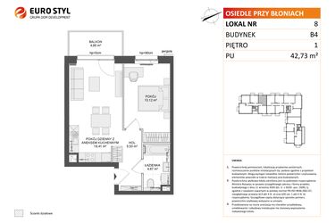 Rzut - Mieszkanie na sprzedaż 2 pokoje o powierzchni 42,73 m² - numer B4.8 w Osiedle Przy Błoniach 3 etap III