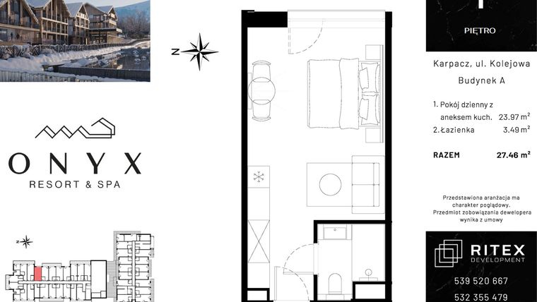 Rzut - Mieszkanie na sprzedaż 1 pokój o powierzchni 27,46 m² - numer 01.A13 w Onyx Resort & Spa