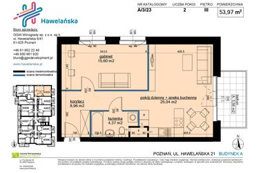 Rzut - Mieszkanie na sprzedaż 2 pokoje o powierzchni 53,97 m² - numer A/3/23 w Osiedle Hawelańska etap III - bud. A