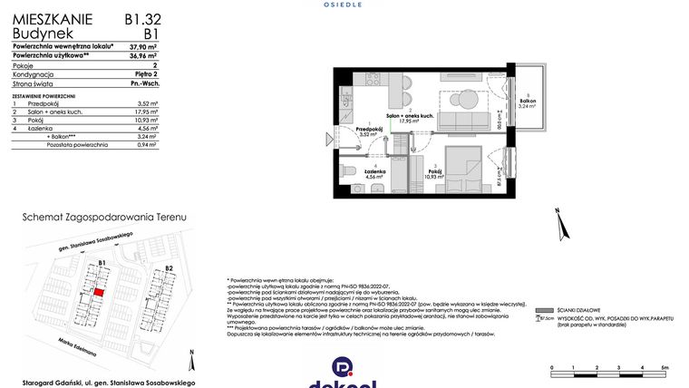 Rzut - Mieszkanie na sprzedaż 2 pokoje o powierzchni 36,96 m² - numer B1.32 w Osiedle Chabrowe