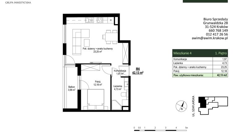 Rzut - Mieszkanie na sprzedaż 2 pokoje o powierzchni 42,13 m² - numer M4 w Szaflarska 9