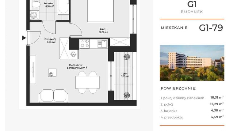 Rzut - Mieszkanie na sprzedaż 2 pokoje o powierzchni 39,57 m² - numer G1-79 w Piasta Park VI