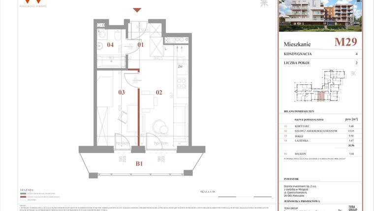 Rzut - Mieszkanie na sprzedaż 2 pokoje o powierzchni 31,56 m² - numer M29 w Warszawskie Wzgórze