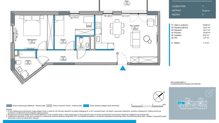 Rzut - Mieszkanie na sprzedaż 3 pokoje o powierzchni 63,29 m² - numer EB0207 w Talarowa Park II