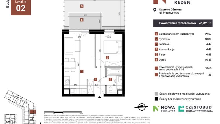 Rzut - Mieszkanie na sprzedaż 2 pokoje o powierzchni 40,02 m² - numer A2 w Nowy Reden