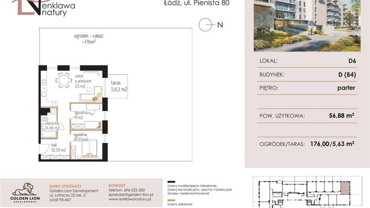 Rzut - Mieszkanie na sprzedaż 3 pokoje o powierzchni 56,88 m² - numer D6 w Enklawa Natury