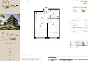 Rzut - Mieszkanie na sprzedaż 2 pokoje o powierzchni 31,4 m² - numer M8 w Massalskiego Trust