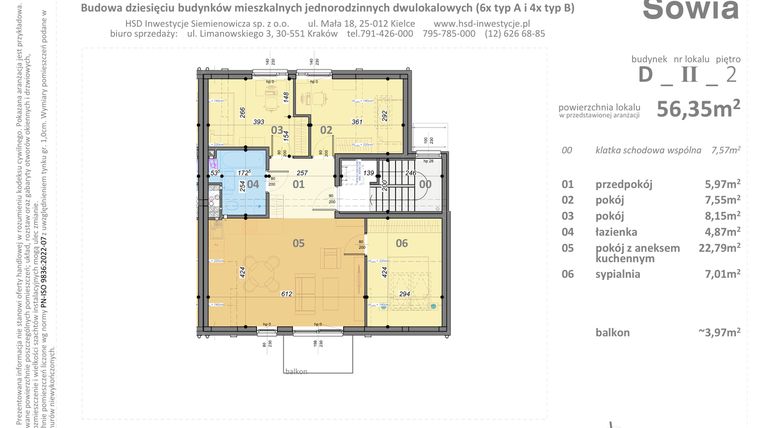 Rzut - Mieszkanie na sprzedaż 4 pokoje o powierzchni 56,35 m² - numer D2 w Sowia