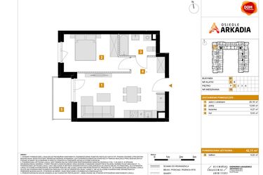 Rzut - Mieszkanie na sprzedaż 2 pokoje o powierzchni 42,11 m² - numer B1.15 w Osiedle Arkadia etap 2