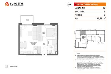 Rzut - Mieszkanie na sprzedaż 2 pokoje o powierzchni 36,29 m² - numer B27 w Osiedle Orzechowa