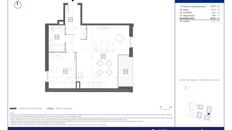 Rzut - Mieszkanie na sprzedaż 2 pokoje o powierzchni 50,95 m² - numer 1.3.3 w Atria Nowe Żerniki