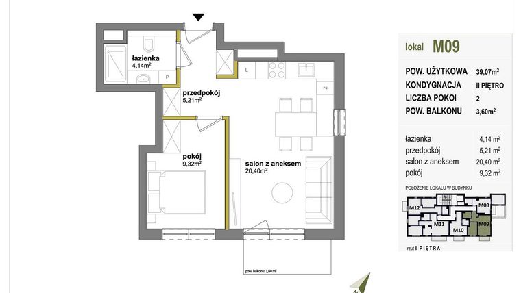 Rzut - Mieszkanie na sprzedaż 2 pokoje o powierzchni 39,07 m² - numer M09 w Międzylesie przy lesie