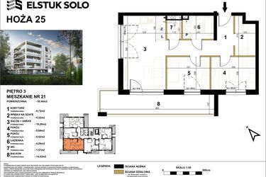 Rzut - Mieszkanie na sprzedaż 3 pokoje o powierzchni 55,46 m² - numer 21 w Hoża 25
