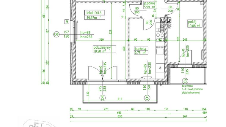 Rzut - Mieszkanie na sprzedaż 3 pokoje o powierzchni 59,5 m² - numer D.II.3 w Villa Rosenthal