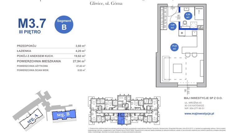 Rzut - Mieszkanie na sprzedaż 1 pokój o powierzchni 27,42 m² - numer M3.7 w Osiedle Majowe 2.0