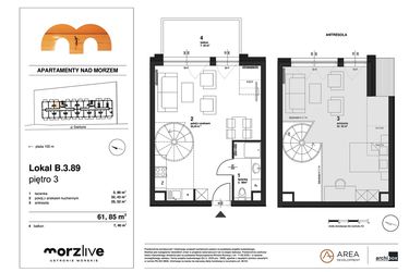 Rzut - Mieszkanie na sprzedaż 2 pokoje o powierzchni 61,85 m² - numer B.3.89 w Morzlive