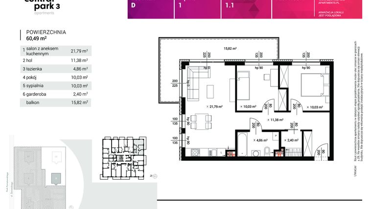 Rzut - Mieszkanie na sprzedaż 3 pokoje o powierzchni 60,49 m² - numer D.1.1 w Central Park Apartments 3