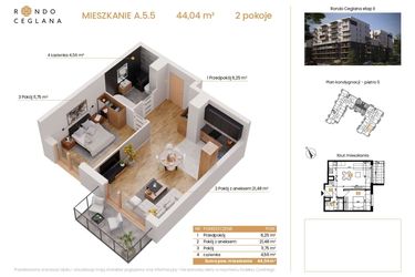 Rzut - Mieszkanie na sprzedaż 2 pokoje o powierzchni 44,04 m² - numer A.5.5 w Rondo Ceglana etap II