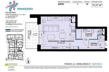 Rzut - Mieszkanie na sprzedaż 1 pokój o powierzchni 31,44 m² - numer A/6/55 w Osiedle Hawelańska etap III - bud. A