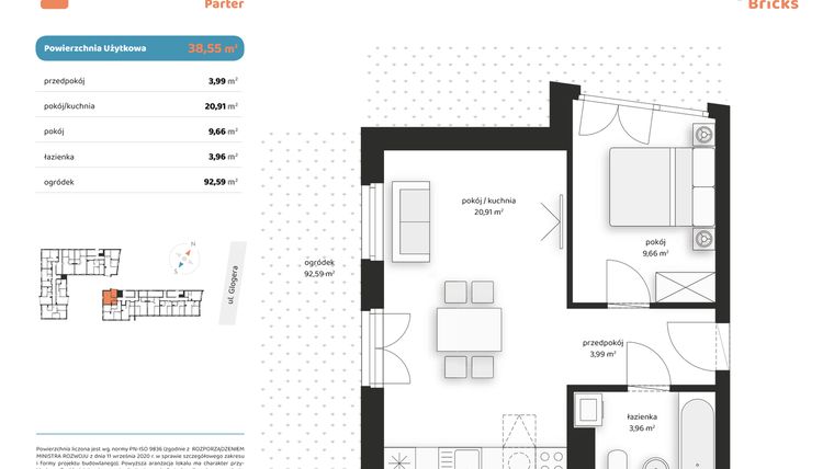 Rzut - Mieszkanie na sprzedaż 2 pokoje o powierzchni 38,55 m² - numer M II.0.4 w Glogera Bricks