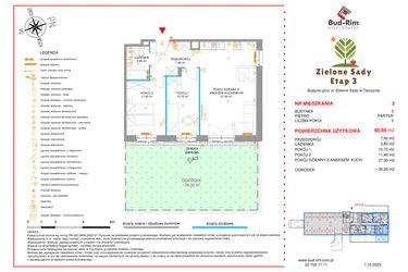 Rzut - Mieszkanie na sprzedaż 3 pokoje o powierzchni 60,85 m² - numer 3 w Zielone Sady etap III