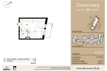 Rzut - Mieszkanie na sprzedaż 1 pokój o powierzchni 36,62 m² - numer C53 w Dworcowa 28