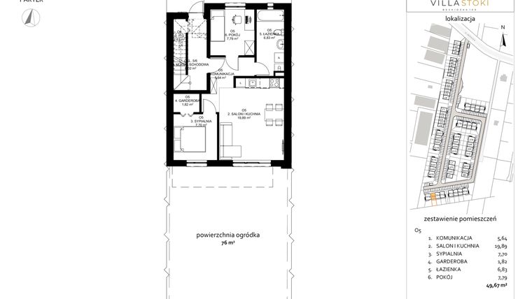 Rzut - Mieszkanie na sprzedaż 3 pokoje o powierzchni 49,67 m² - numer O5 w Villa Stoki (mieszkania)