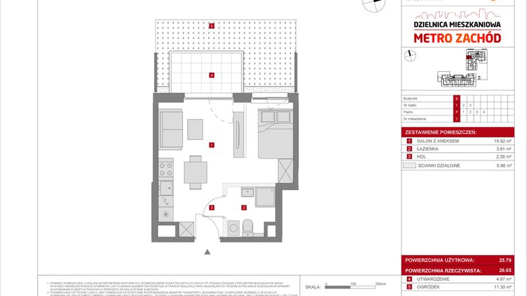Rzut - Mieszkanie na sprzedaż 1 pokój o powierzchni 25,79 m² - numer B.7 w Dzielnica Mieszkaniowa Metro Zachód - etap 8.2