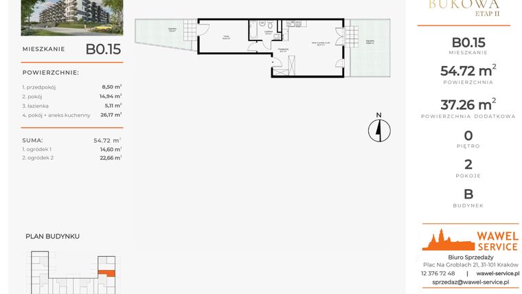 Rzut - Mieszkanie na sprzedaż 2 pokoje o powierzchni 54,72 m² - numer B0.15 w Enklawa Bukowa II