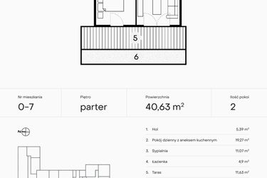 Rzut - Mieszkanie na sprzedaż 2 pokoje o powierzchni 40,63 m² - numer 0-7 w Pączka 1