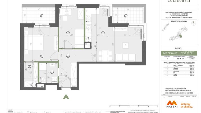 Rzut - Mieszkanie na sprzedaż 3 pokoje o powierzchni 65,76 m² - numer F2.C.01.02 w Sady Żoliborz II