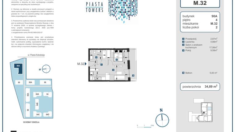 Rzut - Mieszkanie na sprzedaż 2 pokoje o powierzchni 34,89 m² - numer 32 w Piasta Towers bud. 90A